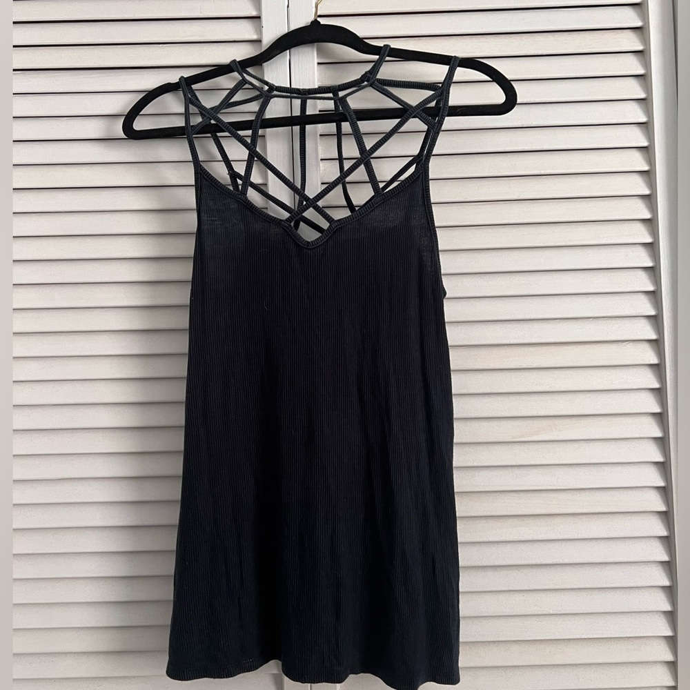 AE Soft Ribbed Navy blue crisscross tank